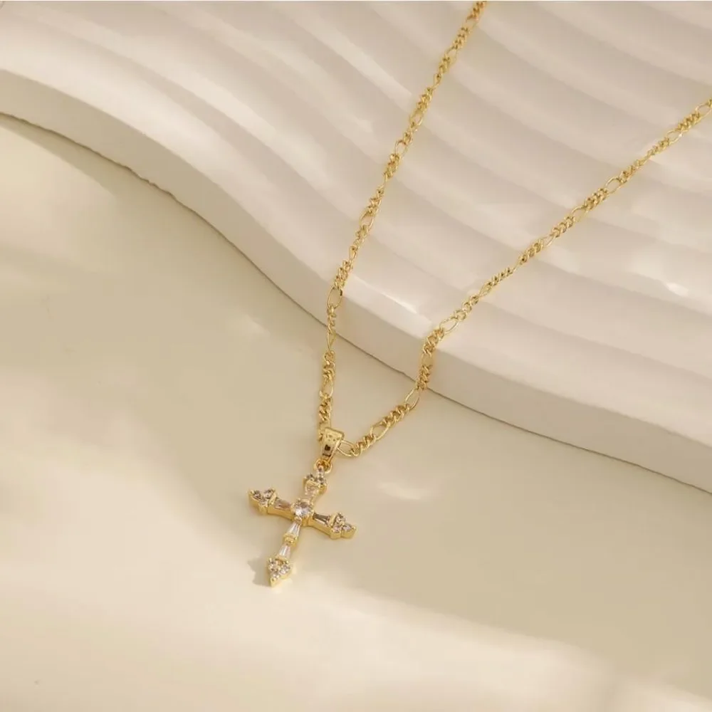 14K Gold Plated Cross Pendant Necklace Dainty Chain Simulated Diamond Preppy - Picture 4 of 6